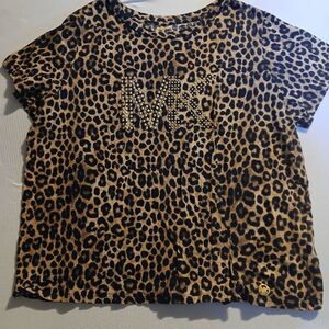 Michael Kors Plus 2X Studded Logo T-Shirt Leopard Animal Print Top Tee